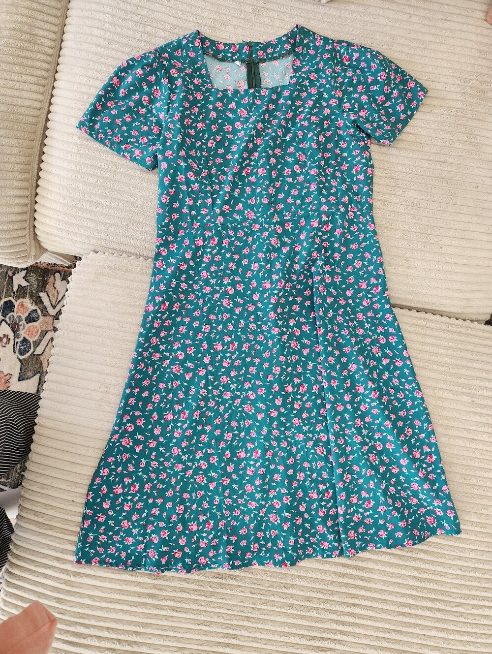 Teal Floral Midi Dress with Pink Accents